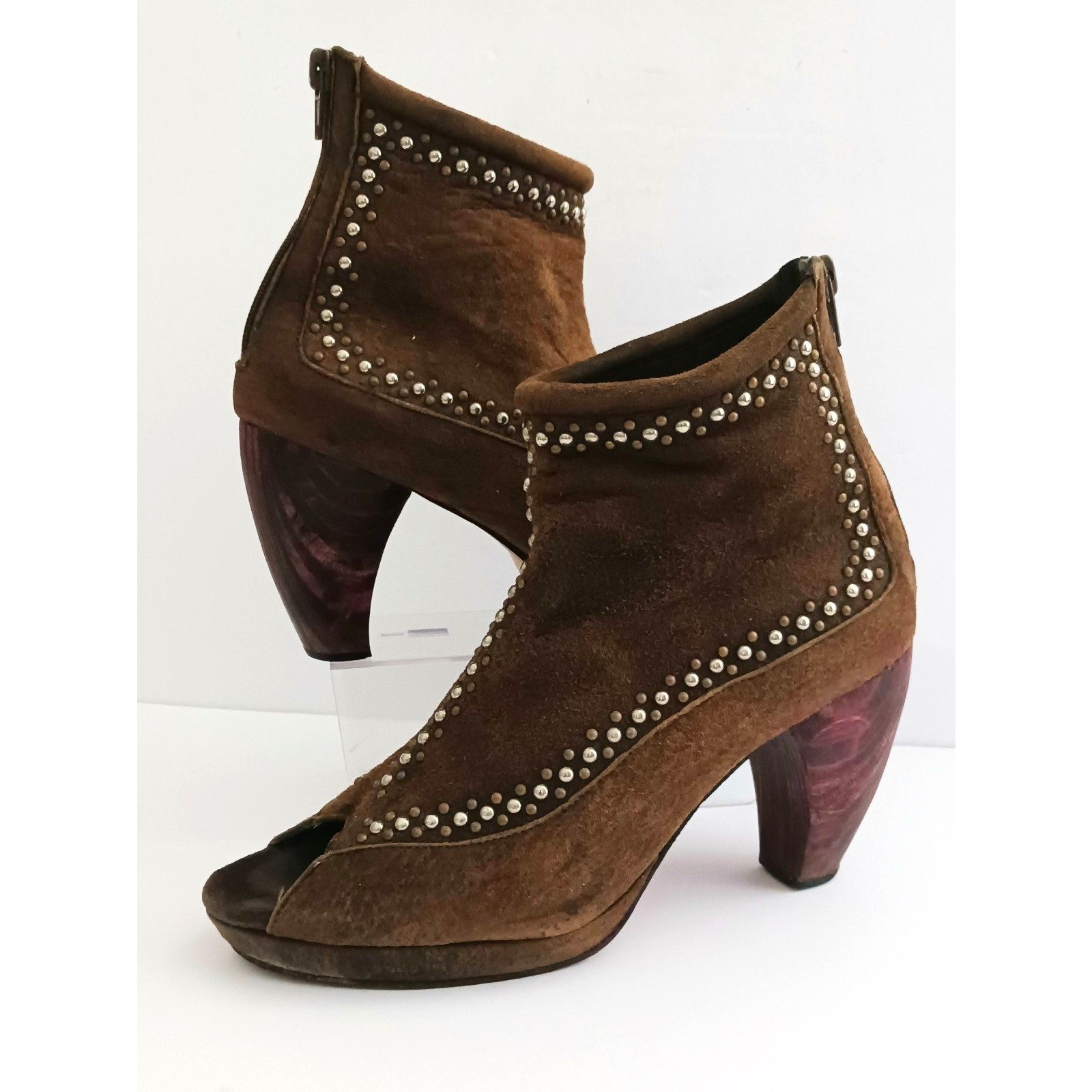 Calleen Cordero Brown Suede Bootie Curved Wood Heel Studs Peep Toe Us 7